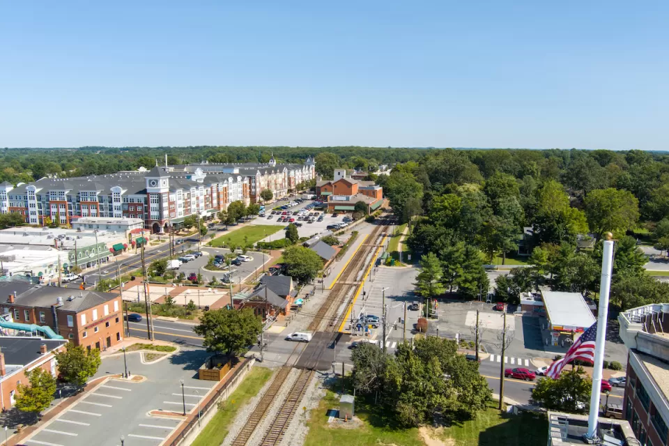 Aerial view of Gaithersburg, Maryland with train tracks in foreground.